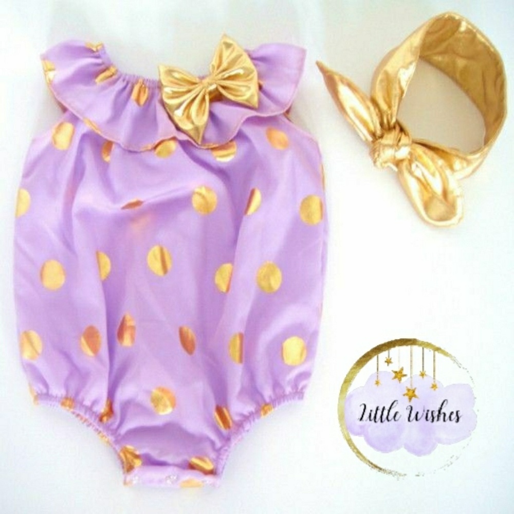 Baby girl fashion purple romper Gold Polka Dots